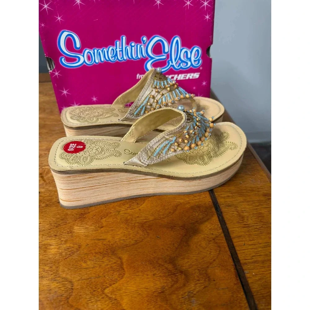 Vtg 90 y2k Skechers Womens 8 Tan Mendhi-Jaunt Platform Sandals Boho Beaded Wedge
